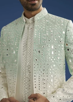 Ombre Green Silk Indo Western Jacket Set With Mirror And Thread Work