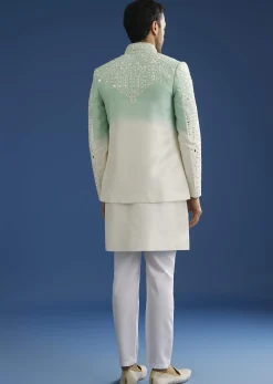 Ombre Green Silk Indo Western Jacket Set With Mirror And Thread Work