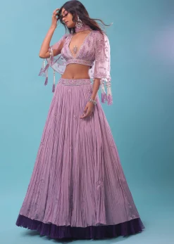 Ombre Lehenga And Crop Top In Moti Cut An Dana Embroidery, Cape Jacket In Tassels Fringes At The Border