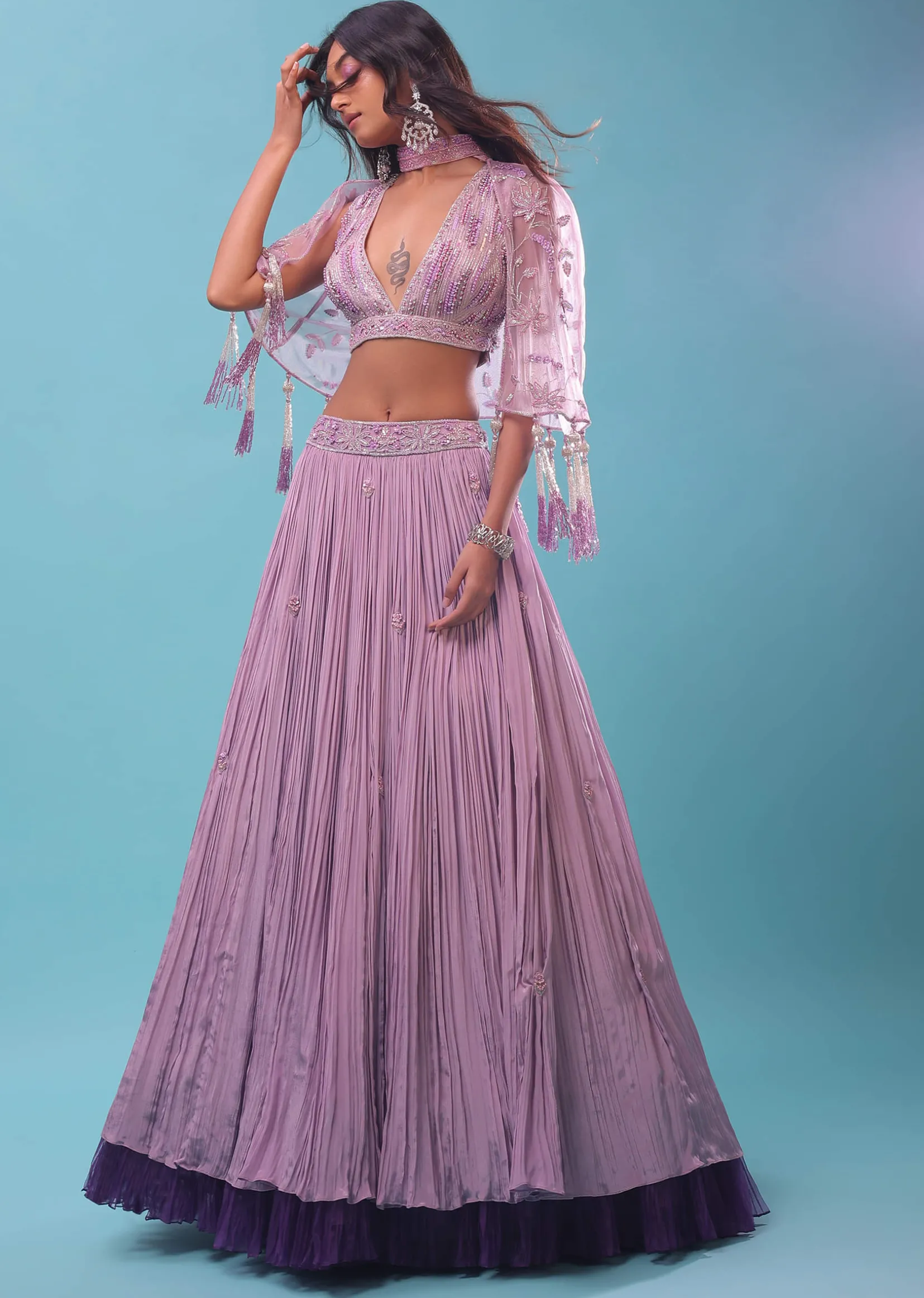 Ombre Lehenga And Crop Top In Moti Cut An Dana Embroidery, Cape Jacket In Tassels Fringes At The Border