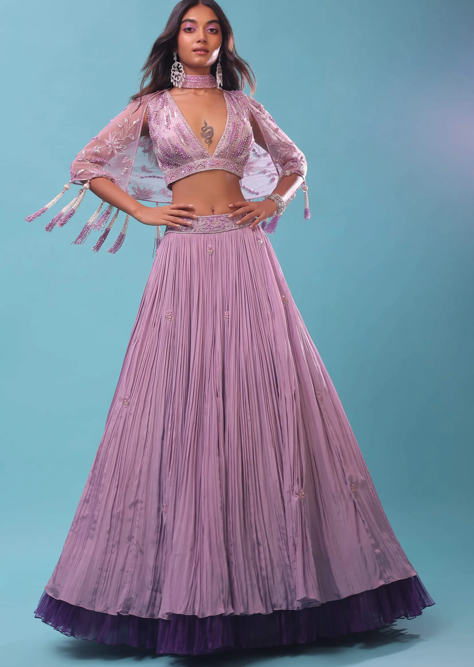 Ombre Lehenga And Crop Top In Moti Cut An Dana Embroidery, Cape Jacket In Tassels Fringes At The Border