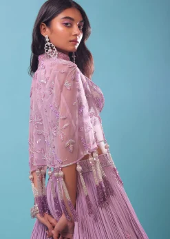Ombre Lehenga And Crop Top In Moti Cut An Dana Embroidery, Cape Jacket In Tassels Fringes At The Border