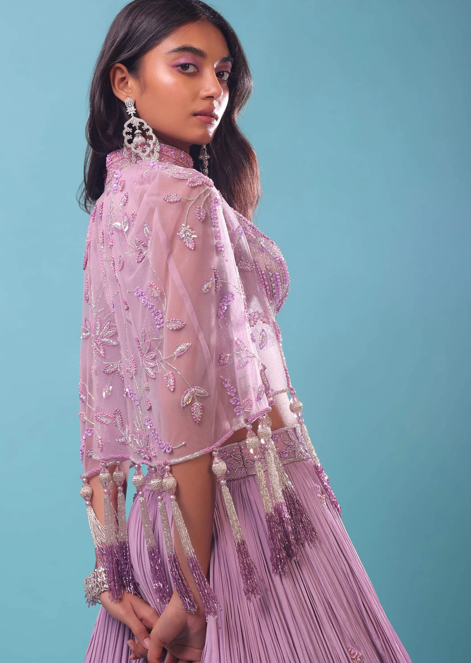 Ombre Lehenga And Crop Top In Moti Cut An Dana Embroidery, Cape Jacket In Tassels Fringes At The Border