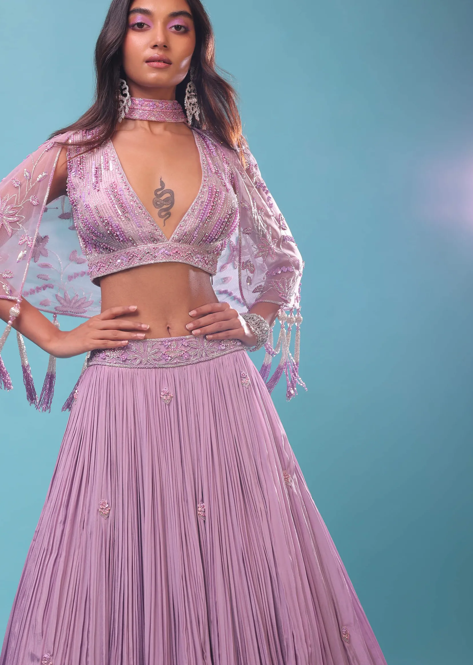 Ombre Lehenga And Crop Top In Moti Cut An Dana Embroidery, Cape Jacket In Tassels Fringes At The Border