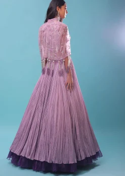 Ombre Lehenga And Crop Top In Moti Cut An Dana Embroidery, Cape Jacket In Tassels Fringes At The Border