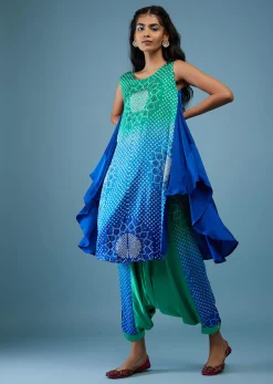 Ombre Shaded Indigo And Mint Blue Bandhani Tunic Top In Gajji Silk With Printed Silk Cowl Dhoti