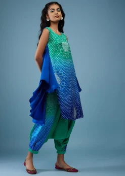 Ombre Shaded Indigo And Mint Blue Bandhani Tunic Top In Gajji Silk With Printed Silk Cowl Dhoti