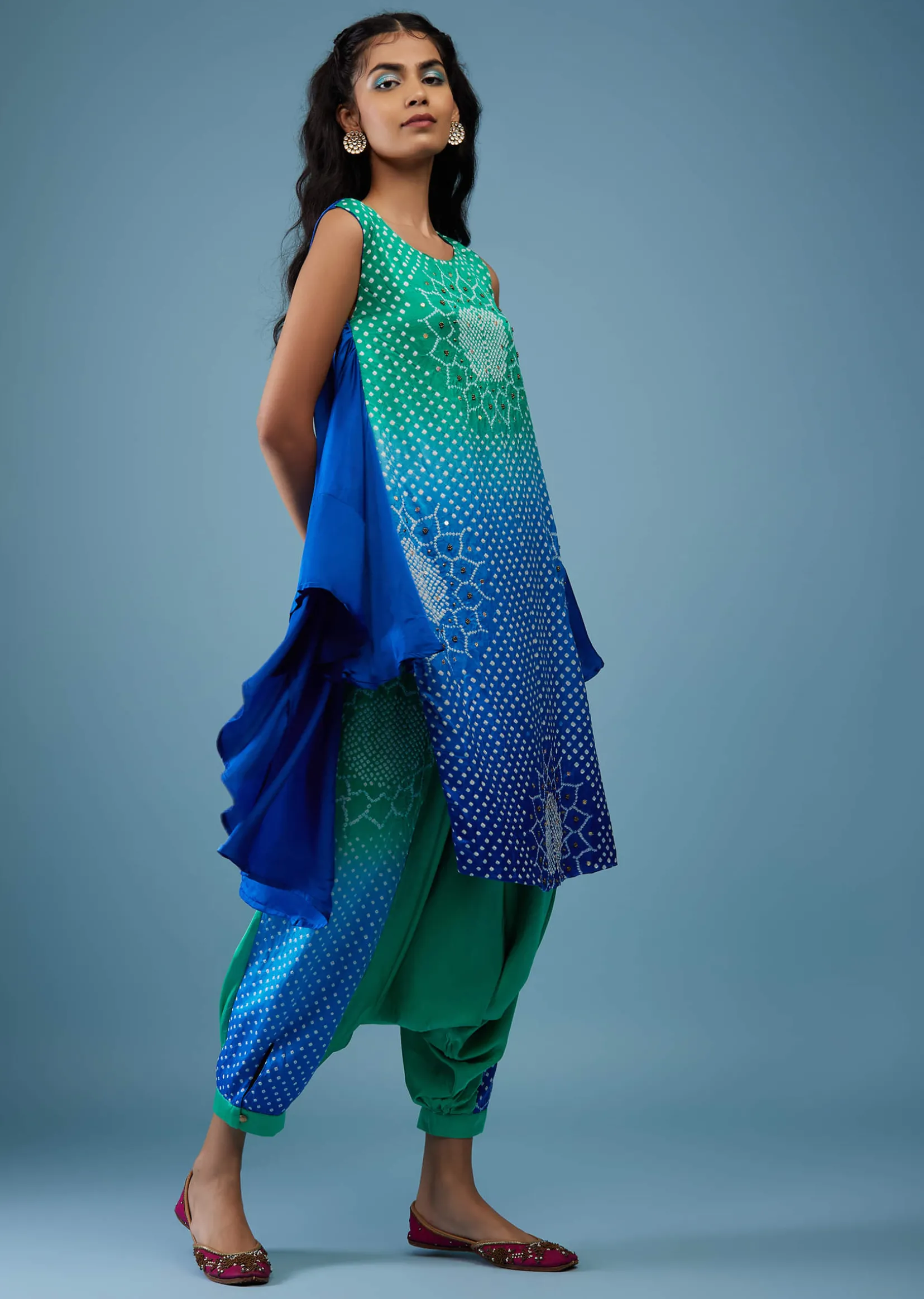 Ombre Shaded Indigo And Mint Blue Bandhani Tunic Top In Gajji Silk With Printed Silk Cowl Dhoti