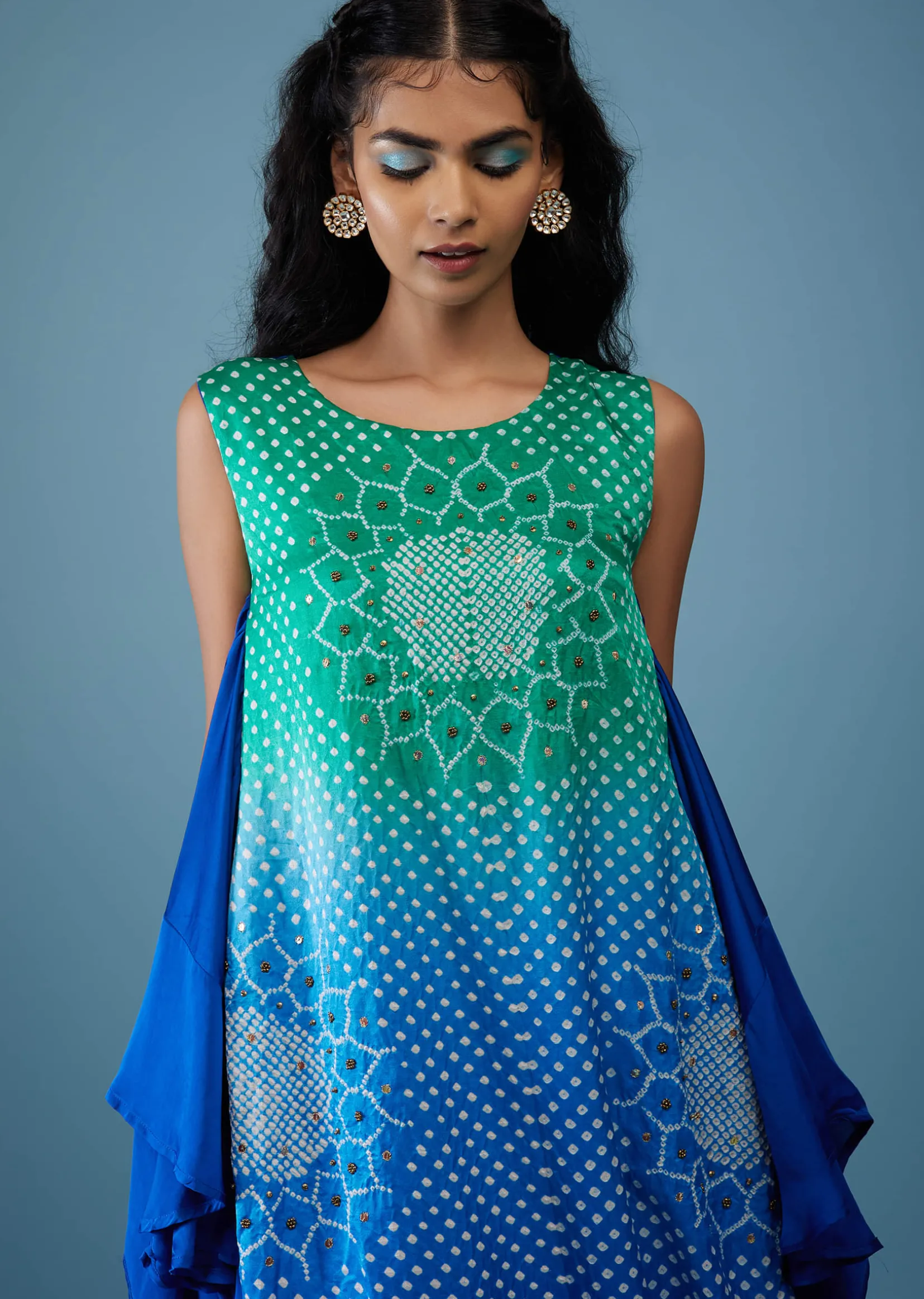 Ombre Shaded Indigo And Mint Blue Bandhani Tunic Top In Gajji Silk With Printed Silk Cowl Dhoti