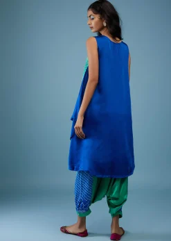 Ombre Shaded Indigo And Mint Blue Bandhani Tunic Top In Gajji Silk With Printed Silk Cowl Dhoti