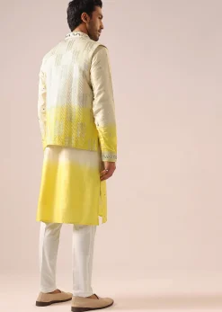 Ombre Yellow Jacket And Kurta Set with Mirror Work