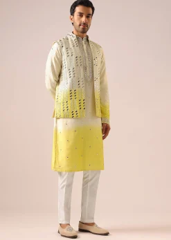 Ombre Yellow Jacket And Kurta Set with Mirror Work