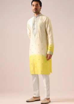 Ombre Yellow Jacket And Kurta Set with Mirror Work