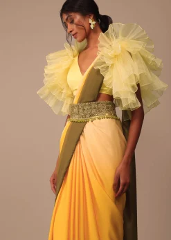 Ombre Yellow Satin Saree With Cut Work Belt