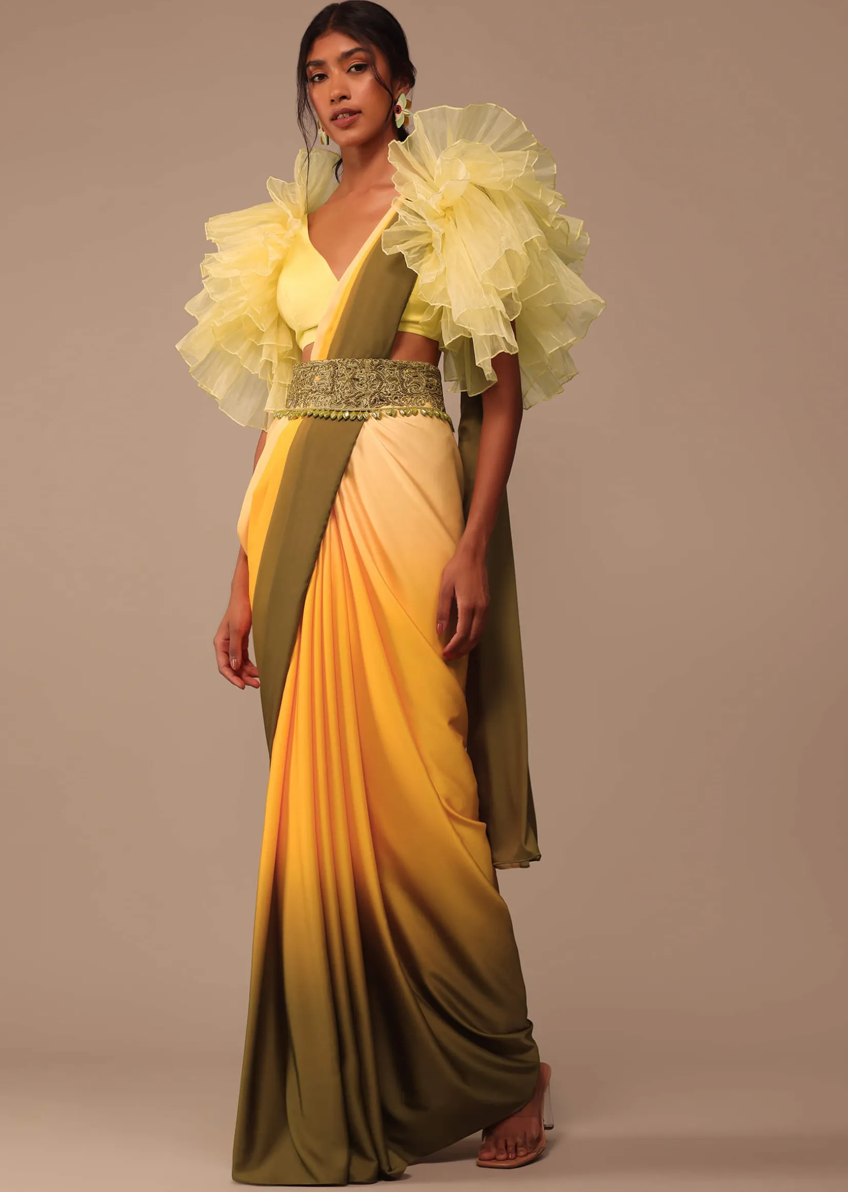 Ombre Yellow Satin Saree With Cut Work Belt