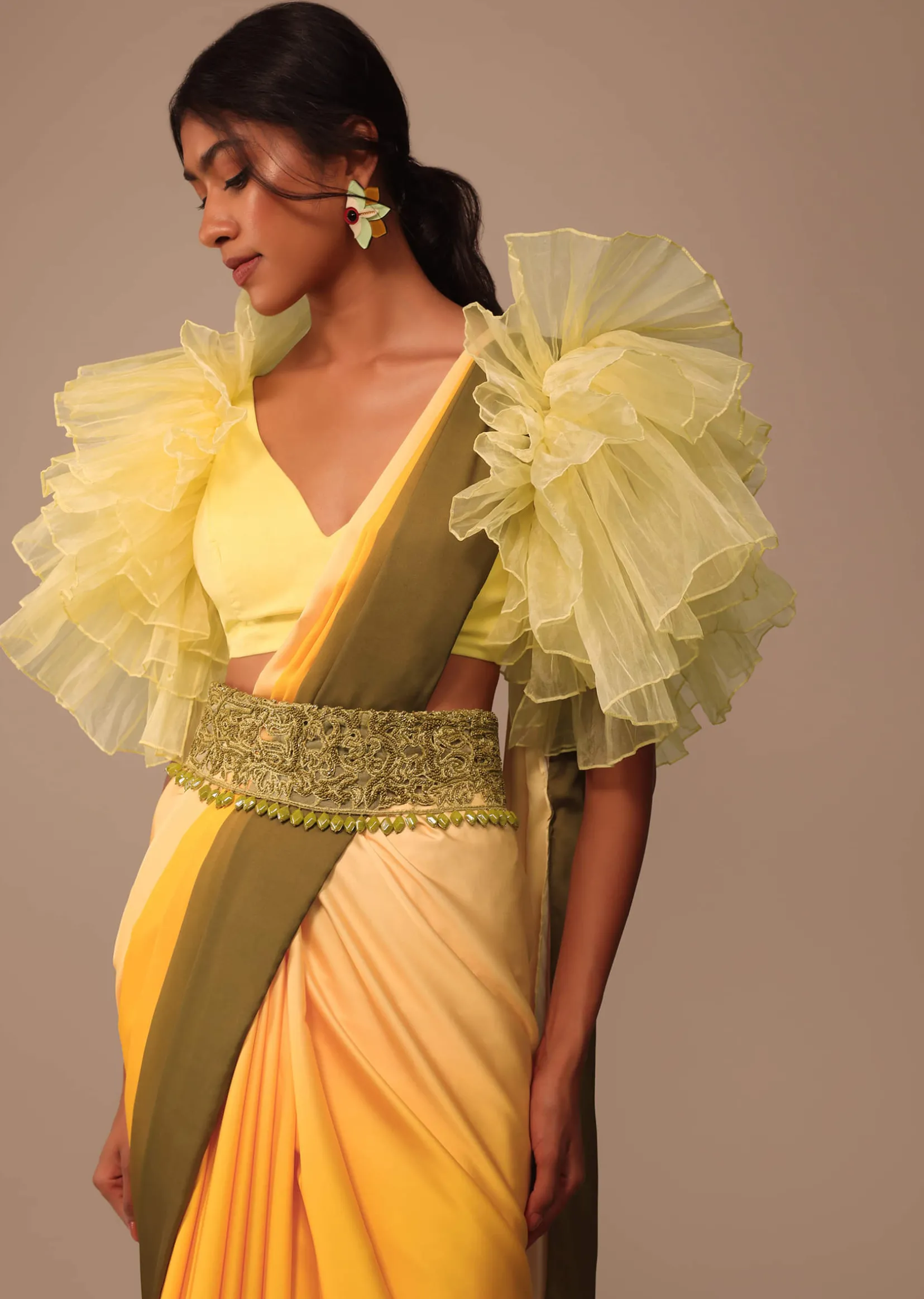 Ombre Yellow Satin Saree With Cut Work Belt