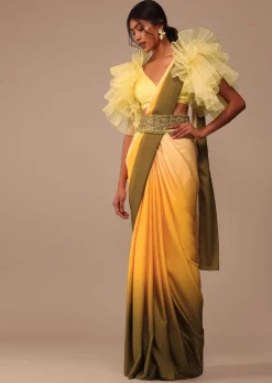 Ombre Yellow Satin Saree With Cut Work Belt