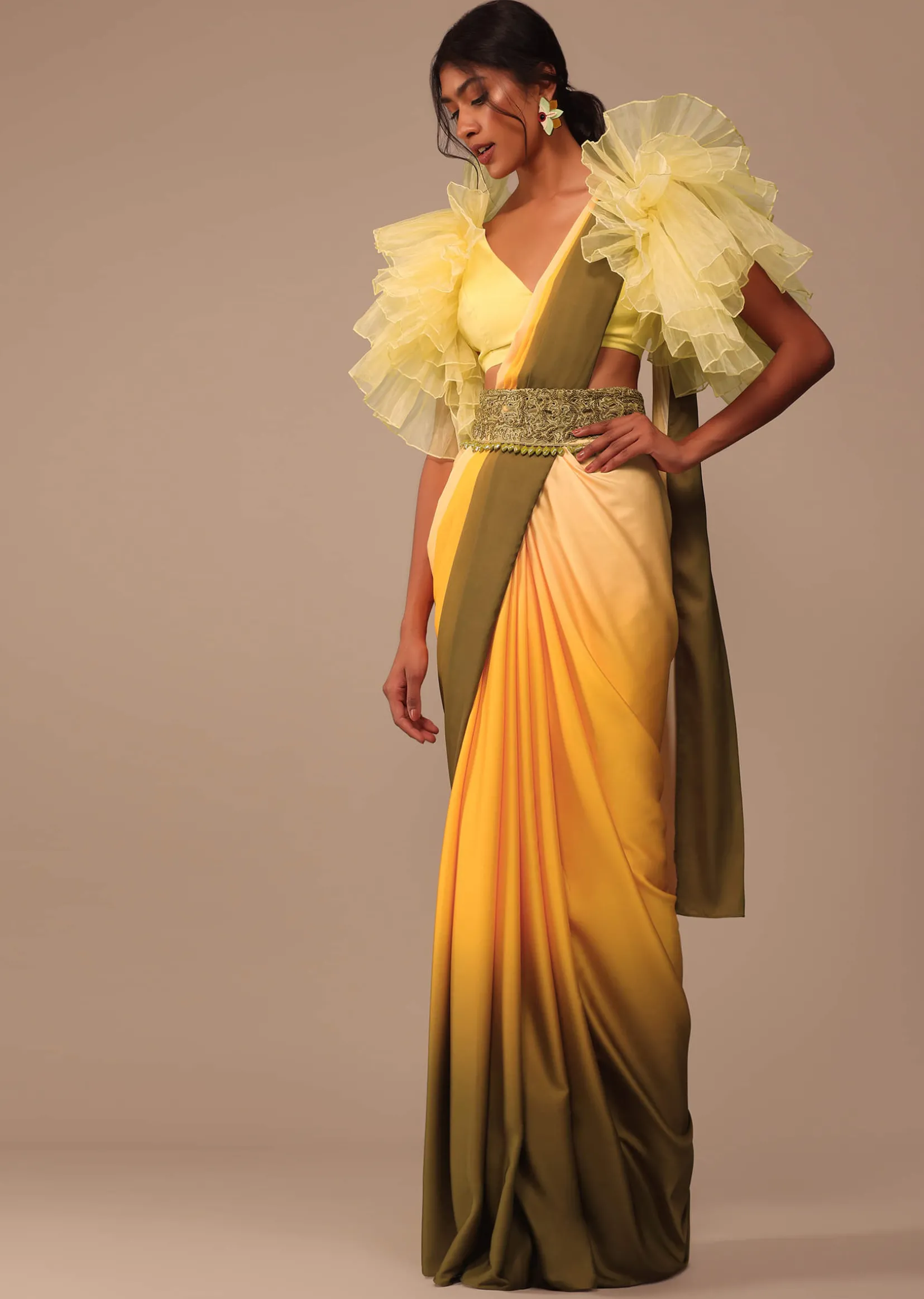 Ombre Yellow Satin Saree With Cut Work Belt