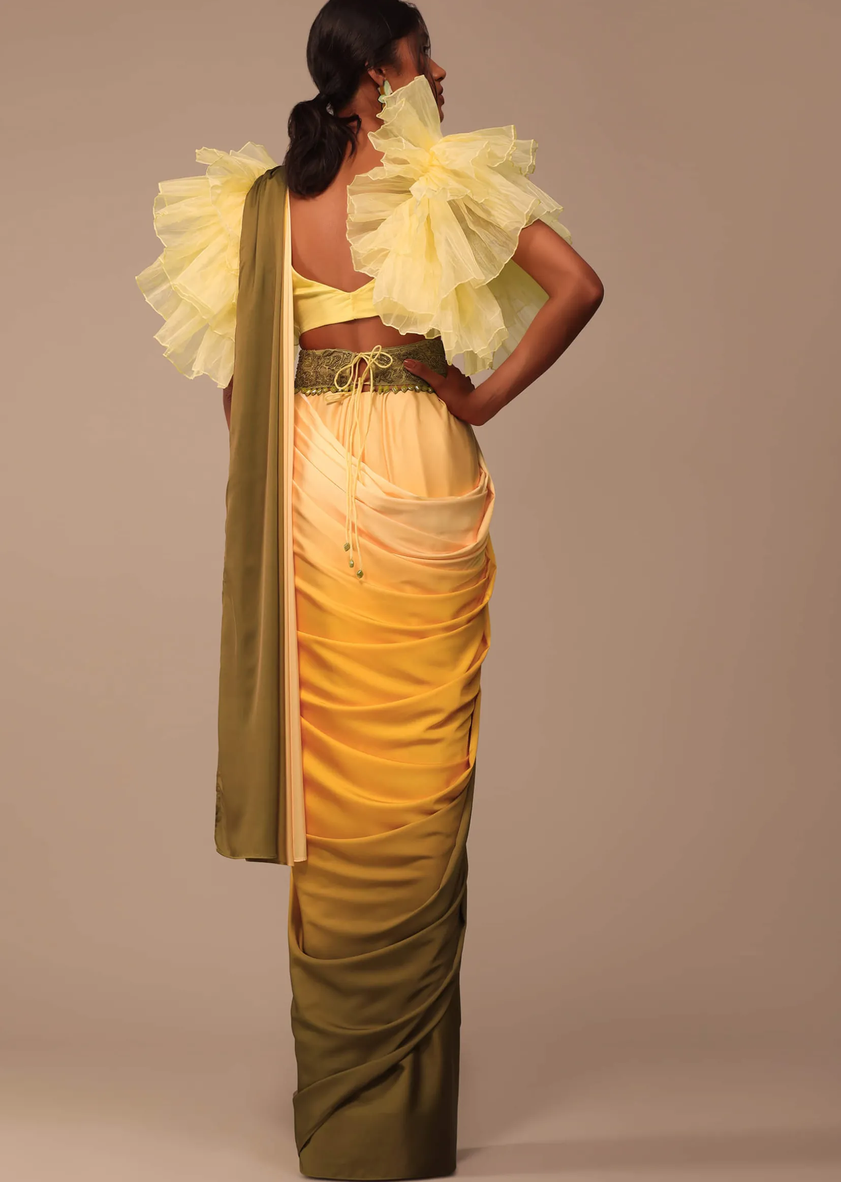 Ombre Yellow Satin Saree With Cut Work Belt