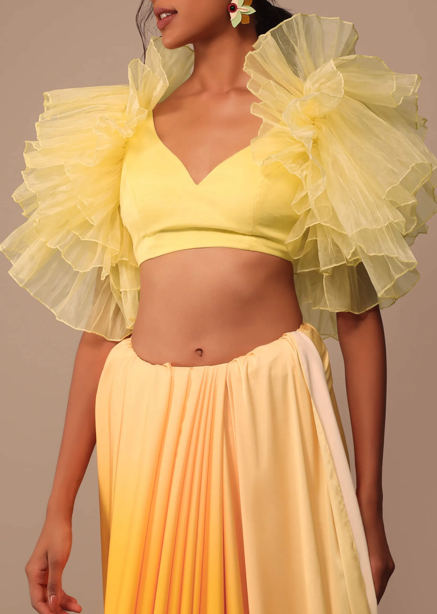 Ombre Yellow Satin Saree With Cut Work Belt