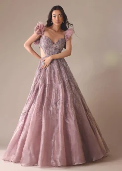 Onion Pink Bridal Gown With Feathered Sleeves And Heavy Embroidery