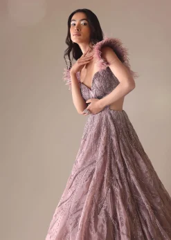 Onion Pink Bridal Gown With Feathered Sleeves And Heavy Embroidery