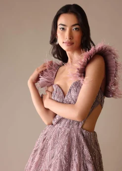 Onion Pink Bridal Gown With Feathered Sleeves And Heavy Embroidery