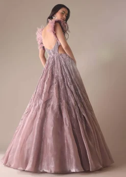 Onion Pink Bridal Gown With Feathered Sleeves And Heavy Embroidery