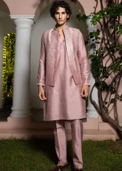 Onion Pink Cotton Silk Kurta Jacket Set With Resham And Mirror Work