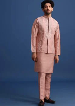 Onion Pink Cotton Silk Kurta Jacket Set With Resham And Mirror Work