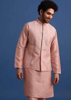 Onion Pink Cotton Silk Kurta Jacket Set With Resham And Mirror Work