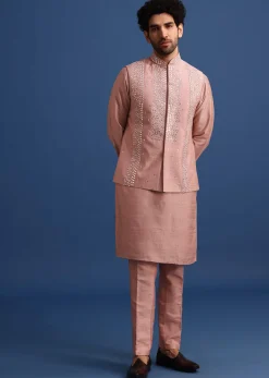 Onion Pink Cotton Silk Kurta Jacket Set With Resham And Mirror Work
