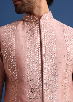 Onion Pink Cotton Silk Kurta Jacket Set With Resham And Mirror Work
