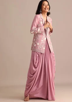 Onion Pink Crepe Pleated Gown With Embroidered Jacket