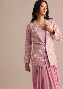 Onion Pink Crepe Pleated Gown With Embroidered Jacket
