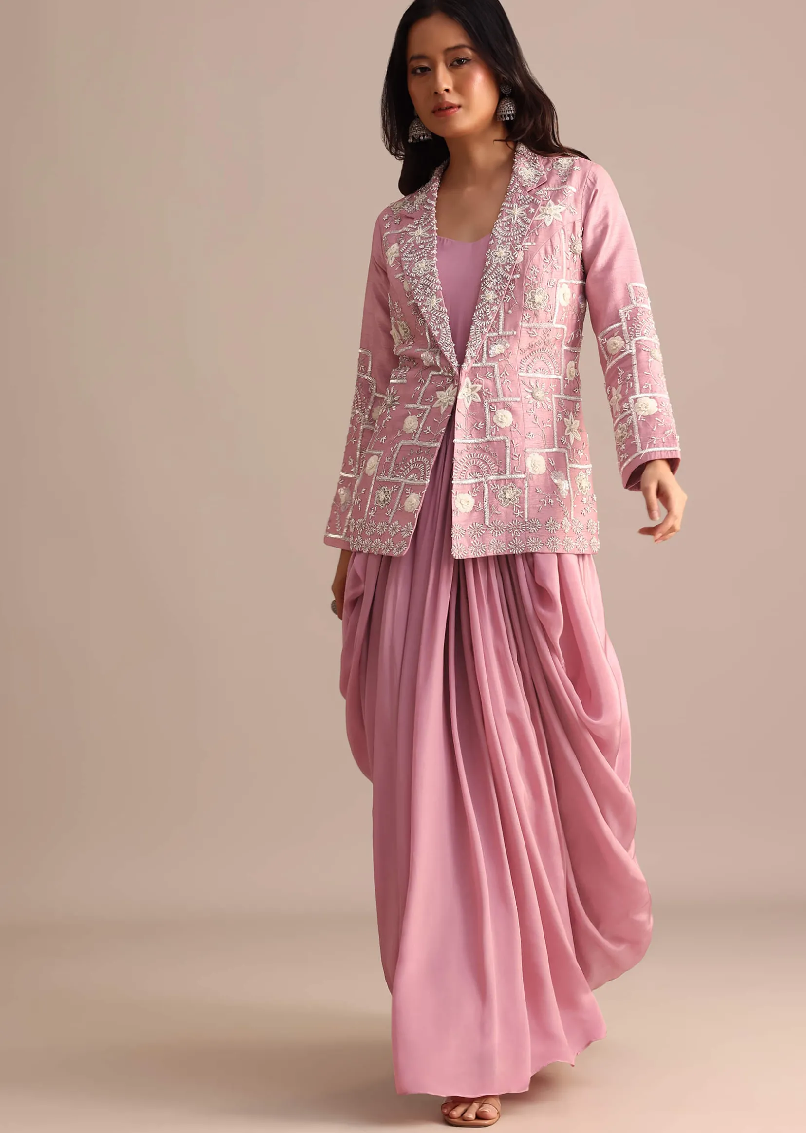 Onion Pink Crepe Pleated Gown With Embroidered Jacket