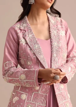 Onion Pink Crepe Pleated Gown With Embroidered Jacket