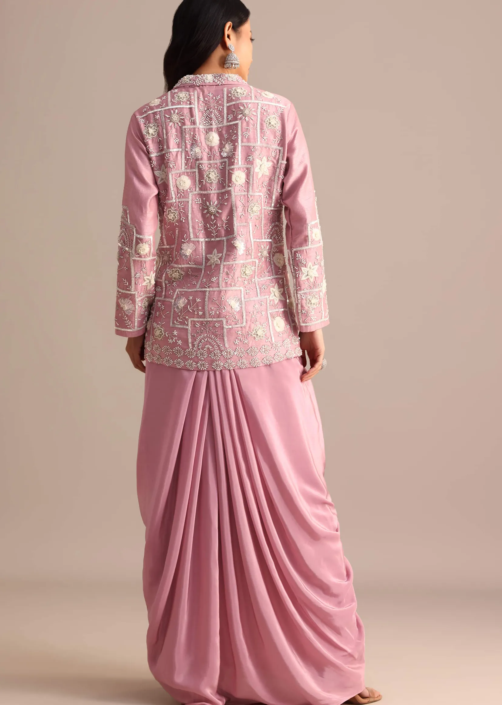 Onion Pink Crepe Pleated Gown With Embroidered Jacket