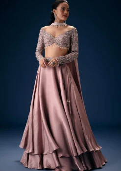 Onion Pink Embroidered Blouse With Lehenga And Choker Dupatta