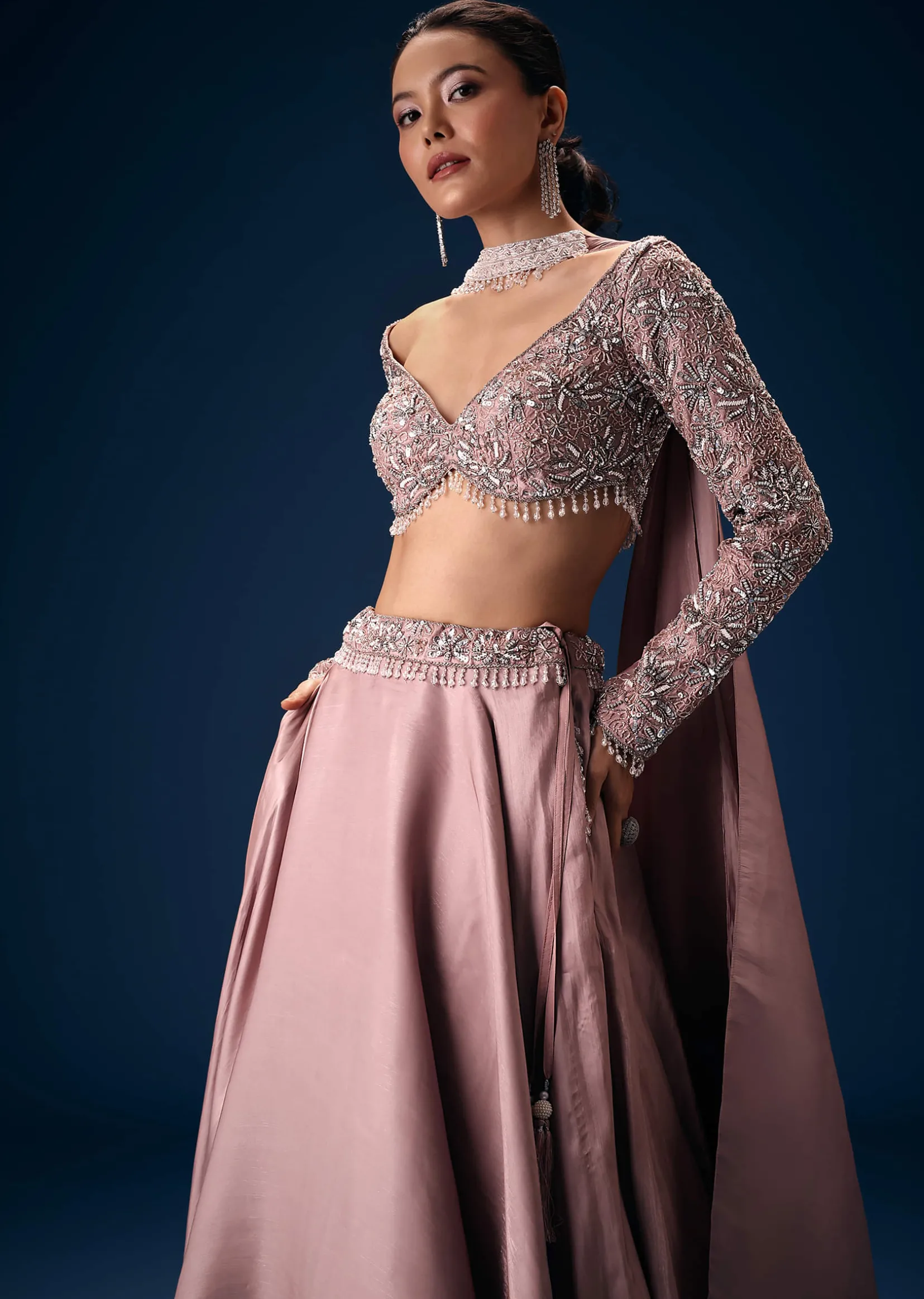 Onion Pink Embroidered Blouse With Lehenga And Choker Dupatta