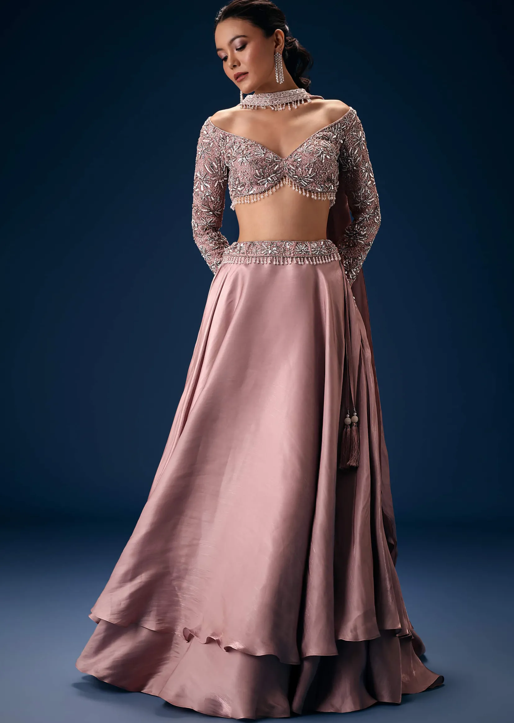 Onion Pink Embroidered Blouse With Lehenga And Choker Dupatta