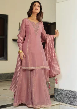 Onion Pink Embroidered Kurti Palazzo Set With Dupatta