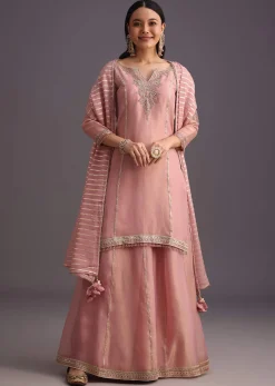 Onion Pink Embroidered Kurti Palazzo Set With Dupatta
