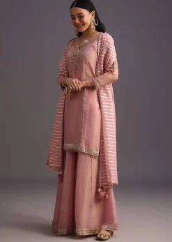 Onion Pink Embroidered Kurti Palazzo Set With Dupatta