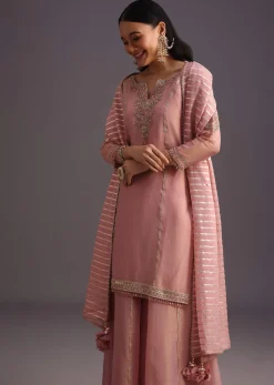 Onion Pink Embroidered Kurti Palazzo Set With Dupatta