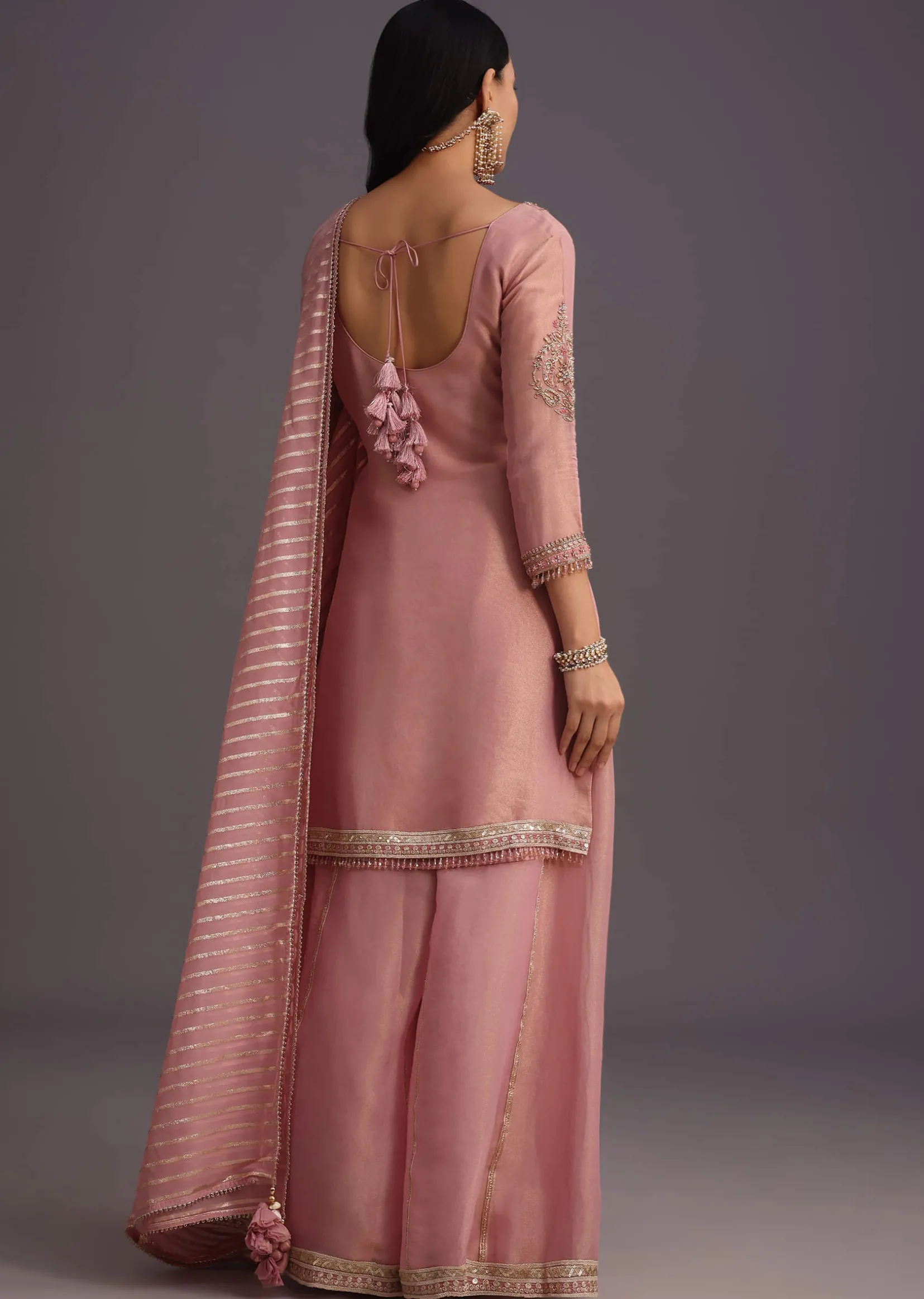 Onion Pink Embroidered Kurti Palazzo Set With Dupatta