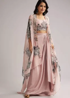 Onion Pink Floral Cape Set With Crop Top And Skirt