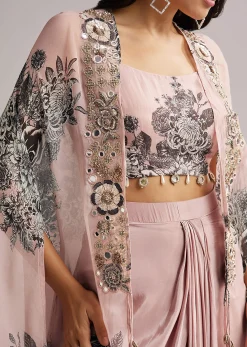 Onion Pink Floral Cape Set With Crop Top And Skirt