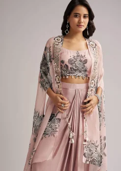Onion Pink Floral Cape Set With Crop Top And Skirt