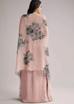 Onion Pink Floral Cape Set With Crop Top And Skirt